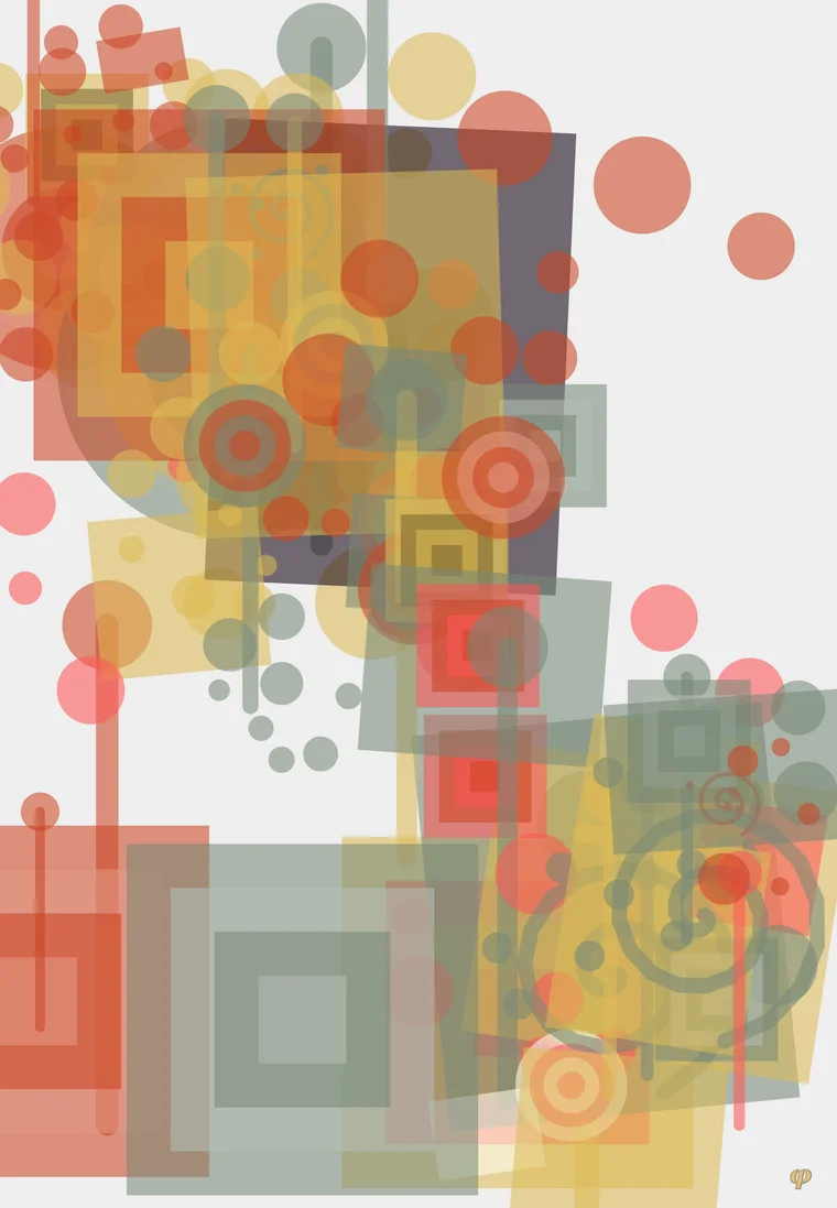 Muted squares, circles and spirals on pale grey