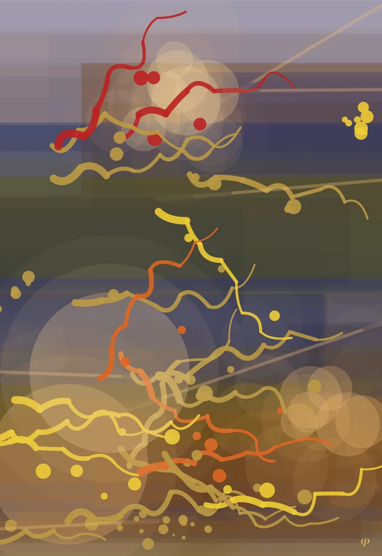 Gold lines and soft circles on a dusk-blue ground