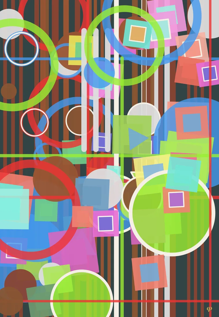 Coloured rings and squares on dark stripes