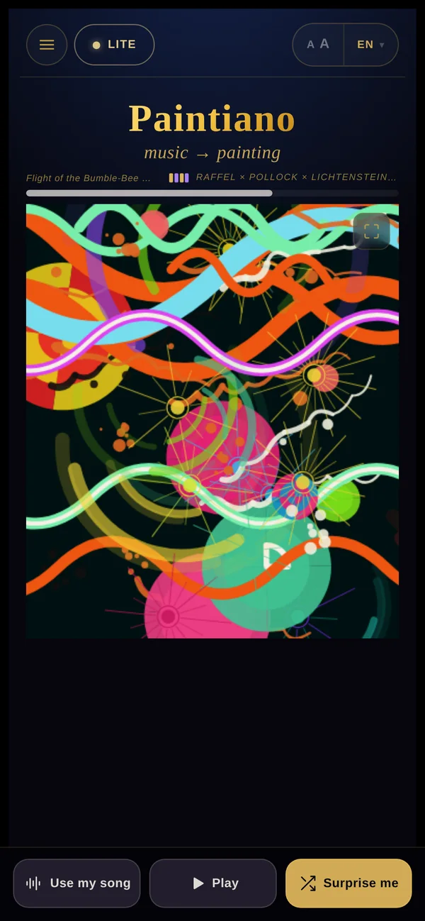Paintiano Lite — Flight of the Bumble-Bee painting itself as a fusion of four styles