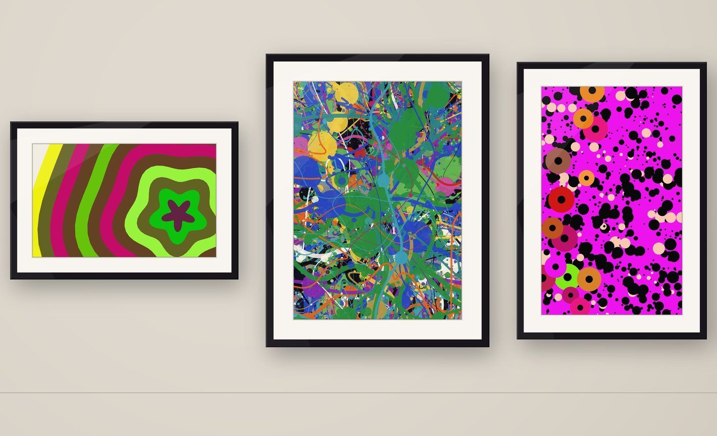 Three Paintiano paintings framed together on a wall